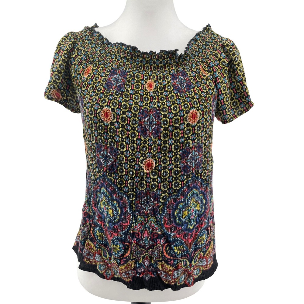 Meraki Boho Top Womens‎ Medium Black Floral Paisley Western Cottagecore Ruffle